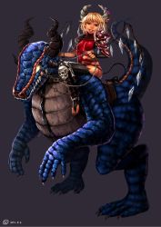 10s 1girl 2012 alternate_costume armor bad_id bad_pixiv_id black_thighhighs blonde_hair bteele chain crystal dated dinosaur riding_dinosaur female_focus flandre_scarlet full_body gem glowing horns riding simple_background skull thighhighs torn_clothes touhou wings