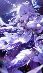 1girl absurdres breasts butterfly_hair_ornament chun_nam covered_navel dress genshin_impact hair_ornament highres large_breasts long_hair pink_eyes purple_thighhighs revision ringed_eyes skirk_(genshin_impact) solo thighhighs thighs very_long_hair white_dress white_hair