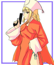1girl agrias_oaks blonde_hair braid braided_ponytail breasts female_focus final_fantasy final_fantasy_tactics gun handgun long_hair orator_(fft) panties pistol shiro_(tyousenasagao) side-tie_panties single_braid solo underwear weapon