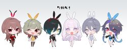 6+girls alternate_costume animal_ears azur_lane bellona_(azur_lane) black_gloves black_hair black_leotard black_necktie blue_hair blue_leotard breasts brown_hair brown_pantyhose brown_thighhighs chibi chibi_only detached_collar duca_degli_abruzzi_(azur_lane) ear_piercing eyes_visible_through_hair fake_animal_ears fang fishnet_pantyhose fishnets foch_(azur_lane) giuseppe_garibaldi_(azur_lane) gloves gradient_hair green_hair grey_background grey_eyes grey_hair hair_between_eyes hair_over_one_eye highres horns leotard long_hair long_sleeves looking_at_viewer multicolored_hair multiple_girls necktie ohisashiburi one_eye_closed open_mouth pantyhose piercing pink_eyes pink_hair pink_leotard playboy_bunny plymouth_(azur_lane) purple_leotard rabbit_ears red_eyes red_hair red_horns red_leotard simple_background sleeve_cuffs slit_pupils strapless strapless_leotard thighhighs two-tone_hair ulrich_von_hutten_(azur_lane) white_pantyhose wrist_cuffs yellow_eyes yellow_leotard