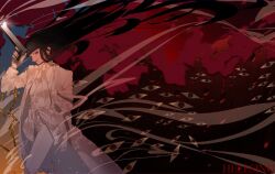 Rule 34 | 1girl, absurdres, alucard (hellsing), black hair, coat, commentary request, extra eyes, floating hair, formal clothes, girlycard, gun, handgun, hellsing, highres, holding, holding gun, holding weapon, ituki019, long hair, looking at viewer, smile, solo, suit, very long hair, weapon, weapon request, white coat, white suit