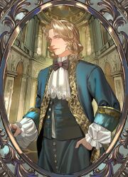 1boy absurdres architecture ascot axis_powers_hetalia black_bow black_bowtie blonde_hair blue_gemstone blue_jacket bow bowtie buttons cane chinese_commentary closed_mouth commentary_request cowboy_shot european_architecture facial_hair fingernails floor floral_print flower_ornament formal_clothes france_(hetalia) frills gem gold_trim green_pants green_vest hand_in_pocket high-waist_pants highres holding holding_cane indoors jacket lips long_sleeves looking_at_viewer male_focus open_clothes open_jacket open_vest pants picture_frame pink_eyes puffy_long_sleeves puffy_sleeves purple_gemstone shirt short_hair smile solo standing vest wavy_hair white_ascot white_shirt zhongerweiyuan