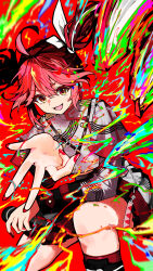 1girl ahoge black_sleeves boots bow brown_eyes buttons double-breasted drill_hair flat_chest floating_hair foreshortening hair_between_eyes hair_bow hair_ribbon highres holding holding_microphone jacket kasane_teto kasane_teto_(sv) kneehighs lace-up_boots layered_sleeves long_sleeves looking_at_viewer michihirogswr microphone musical_staff musical_staff_print on_one_knee open_mouth paint reaching reaching_towards_viewer red_background red_eyes red_hair red_nails red_socks red_trim ribbon shoulder_belt shoulder_boards sitting socks solo striped_clothes striped_jacket synthesizer_v twin_drills utau white_bow white_ribbon