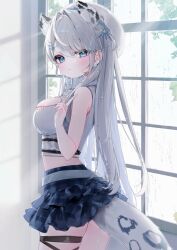 1girl animal_collar animal_ear_fluff belt black_skirt blue_bow blue_eyes bow breasts cleavage_cutout closed_mouth clothing_cutout collar earrings grey_collar grey_shirt hair_bow hair_intakes hair_ornament hairclip highres indie_virtual_youtuber jewelry long_hair mole mole_under_each_eye mole_under_eye multiple_moles plaid_clothes plaid_skirt pom_pom_(clothes) pom_pom_earrings ren_kohaku_(vtuber) second-party_source shirt skirt sleeveless sleeveless_shirt snow_leopard_ears snow_leopard_girl snow_leopard_tail solo tamafurin thigh_strap v virtual_youtuber white_belt window