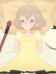 1girl ahoge bed_sheet brown_hair closed_mouth collarbone cowboy_shot dress female_focus gloves highres huntamann iwanaga_kotoko kyokou_suiri looking_at_viewer lying on_back pillow purple_eyes short_hair short_sleeves sidelocks smile white_gloves yellow_dress