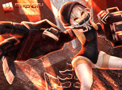 Rule 34 | 1girl, black hoodie, black rock shooter, dark-skinned female, dark skin, demon tail, flame print, hood, hoodie, mechanical arms, orange eyes, panties, short hair, solo, strength (black rock shooter), tail, tattoo, thighhighs, tokyo (1421), underwear, white hair, white panties, white thighhighs