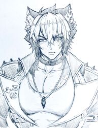 1boy animal_ears bara blush collar commentary_request greyscale hatching_(texture) highres izumi_965_15m jacket jewelry komano_manato linear_hatching looking_down male_focus monochrome muscular muscular_male necklace pectoral_cleavage pectorals scar scar_across_eye scar_on_chest scar_on_face shoulder_spikes spikes sweatdrop traditional_media wolf_boy wolf_ears zenless_zone_zero