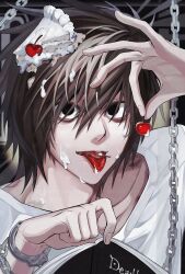 Rule 34 | 1boy, bags under eyes, bite mark, bite mark on shoulder, black eyes, brown hair, cake, cake on head, cake slice, chain, cherry, collarbone, cuffs, death note, death note (object), food, fruit, hair between eyes, handcuffs, highres, holding, holding food, holding fruit, konoko-tachi (107omoide), l (death note), male focus, shirt, short hair, solo, tongue, tongue out, white shirt
