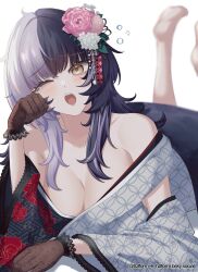 Rule 34 | 1girl, ;o, absurdres, barefoot, black hair, black kimono, blurry, blurry background, breasts, cleavage, commentary, english commentary, feet, feet up, floral print, floral print kimono, flower, gloves, grey hair, grey kimono, hair flower, hair ornament, hazel (hzlform), highres, hololive, hololive english, japanese clothes, kimono, lace, lace-trimmed kimono, lace gloves, lace trim, large breasts, legs up, looking at viewer, lying, multicolored hair, on stomach, one eye closed, open mouth, print kimono, rubbing eyes, shiori novella, shiori novella (new year), simple background, soles, solo, split-color hair, tearing up, two-tone hair, virtual youtuber, white background, yawning, yellow eyes