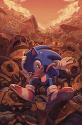 1boy absurdres digimin furry furry_male gloves green_eyes highres junk looking_at_viewer mechanical_arms orange_sky outdoors rust shoes sitting sky solo sonic_(series) sonic_the_hedgehog sonic_the_hedgehog_(idw) sunset white_gloves