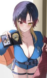 1girl absurdres black_hair blonde_hair breasts character_name cleavage closed_mouth collarbone heterochromia highres holding kannagi_loki large_breasts necktie phase_connect police police_badge red_eyes red_hair red_necktie second-party_source smile solo thigh_strap udonpan virtual_youtuber yellow_eyes zipper