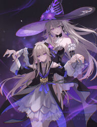2girls :d absurdres bare_shoulders black_dress black_hat breasts brown_hair chain choker clothing_cutout commentary detached_sleeves dress english_commentary flower hat hat_flower herta_(honkai:_star_rail) highres holding_another&#039;s_arm honkai:_star_rail honkai_(series) jewelry key key_choker key_necklace lock long_hair long_sleeves looking_at_viewer multiple_girls necklace open_mouth purple_eyes purple_flower purple_nails purple_ribbon ribbon rok8284 safety_pin shoulder_cutout smile space star_(sky) strapless strapless_dress the_herta_(honkai:_star_rail) white_dress witch_hat