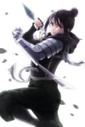 1girl arm_blade armor automail bandaged_hand bandages black_boots black_gloves black_hair black_pants boots falling_leaves fingerless_gloves from_side fullmetal_alchemist gloves hair_bun hands_up highres holding holding_weapon hood hood_down knee_boots kunai lan_fan leaf long_sleeves looking_at_viewer mugi_exe pants pants_tucked_in purple_eyes sash shoulder_armor sidelocks signature simple_background single_hair_bun solo standing standing_on_one_leg weapon white_background wind