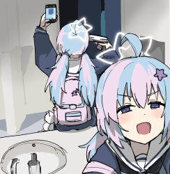 1girl ahoge backpack bag bathroom blue_archive blue_eyes blue_hair commentary empty_eyes finger_on_trigger gun gun_to_head hair_ornament halo handgun highres holding holding_gun holding_phone holding_weapon indoors long_hair long_sleeves looking_at_viewer low_twintails meme mirror multicolored_hair open_mouth parody phone pink_bag pink_hair reflection reisa_(blue_archive) selfie sink smile solo star_(symbol) star_hair_ornament star_halo streaked_hair tenten_(chan4545) twintails two-tone_hair v-shaped_eyebrows weapon