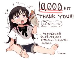 1girl bare_legs barefoot black_bow black_bowtie black_hair black_shorts blush bow bowtie commentary_request crepe food food_on_face full_body holding holding_crepe holding_food kereno long_hair milestone_celebration open_mouth original purple_eyes shirt short_shorts short_sleeves shorts sitting soles solo teeth toes translation_request upper_teeth_only white_shirt