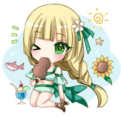 Rule 34 | 1girl, bare shoulders, bikini, bikini shorts, blonde hair, breasts, cherry, chibi, crop top, cup, drinking straw, eating, fingerless gloves, fire emblem, fire emblem: three houses, fire emblem heroes, fish, flower, food, fruit, glass, gloves, green bikini, green eyes, green ribbon, hair flower, hair ornament, highres, holding, holding food, ingrid brandl galatea, ingrid brandl galatea (summer), kirishima riona, long hair, medium breasts, midriff, navel, nintendo, off-shoulder bikini, off shoulder, official alternate costume, one eye closed, ribbon, shorts, solo, sunflower, swimsuit