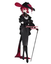 1girl absurdres black_dress black_hat cane dress english_text full_body gloves hair_between_eyes hat highres holding holding_cane long_sleeves original pantyhose ponytail puffy_sleeves red_eyes red_hair rgb12800 short_ponytail solo standing watermark white_background witch_hat