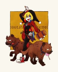 1girl adapted_costume bad_id bad_pixiv_id batman_(series) blank_eyes blonde_hair blue_eyes blue_hair bodysuit bud_and_lou calligraphy_brush_(medium) candy character_doll character_name dc_comics doll english_text female_focus food full_body halloween harley_quinn hood hooded_bodysuit hyena lollipop marker_(medium) motoko_(gege1216) open_mouth oversized_zipper red_hair solo standing the_joker tongue tongue_out traditional_media zipper