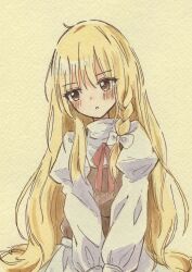 1girl black_vest blonde_hair blush bow braid commentary hair_bow highres kirisame_marisa long_hair neck_ribbon no_headwear open_mouth red_ribbon ribbon side_braid single_braid solo touhou traditional_media very_long_hair vest white_bow zeppachi
