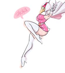 1girl alternate_breast_size animal_helmet artist_request ass belt bodysuit breasts cape cowboy_shot curvy elbow_gloves eyelashes gatchaman gloves huge_ass jumping jun_the_swan outdoors shiny_skin solo thighhighs white_background white_belt white_cape white_gloves white_thighhighs wide_hips