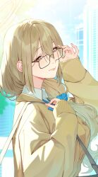 1girl absurdres adjusting_eyewear akane_(blue_archive) akane_(school_uniform)_(blue_archive) bag black-framed_eyewear blue_archive blue_bow blue_bowtie bow bowtie breasts brown_halo cardigan collared_shirt from_side glass halo hand_on_eyewear highres large_breasts light_smile long_hair looking_at_viewer low_side_ponytail nefula14 shirt shoulder_bag solo upper_body white_shirt