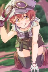 1girl :q arm_up black_thighhighs blush boots brown_boots closed_mouth collarbone forest full_body gloves goggles goggles_on_headwear hand_on_ground hat highres hoshizora_rin kneeling looking_at_viewer love_live! love_live!_school_idol_project nature orange_hair outdoors sen_(sen0910) shirt short_hair shorts sleeveless sleeveless_shirt solo thighhighs tongue tongue_out yellow_eyes