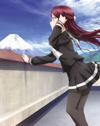1girl artbook black_pantyhose black_serafuku black_shirt black_skirt blue_sky blush closed_mouth cloud day floating_hair from_side hair_ornament hairclip half_updo hand_in_own_hair highres long_hair long_sleeves love_live! love_live!_sunshine!! miniskirt mountain neckerchief non-web_source official_art outdoors pantyhose pleated_skirt profile red_hair sailor_collar sakurauchi_riko school_uniform serafuku shirt skirt sky smile solo standing white_neckerchief winter_uniform yellow_eyes