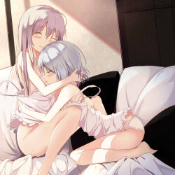 Rule 34 | 2girls, bare legs, blush, bottomless, camisole, closed eyes, closed mouth, commentary request, eila ilmatar juutilainen, grey hair, hand in another&#039;s hair, hand on another&#039;s back, indoors, kneeling, licking, licking breast, long hair, medium hair, multiple girls, off shoulder, on bed, panties, pink camisole, purple hair, sanya v. litvyak, sitting, soha (sirohase), strike witches: aurora no majo, tongue, tongue out, underwear, white panties, world witches series, yuri
