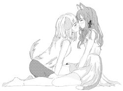 Rule 34 | 2girls, animal ears, bang dream!, bang dream! it&#039;s mygo!!!!!, blush, cat ears, cat girl, cat tail, closed eyes, closed mouth, dog ears, dog girl, dog tail, dress, greyscale, highres, kemonomimi mode, kneeling, long hair, medium hair, misumi uika, monochrome, multiple girls, shirt, shorts, sleeveless, sleeveless shirt, socks, tail, togawa sakiko, uikays, yuri