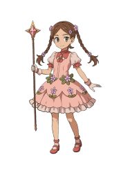 1girl braid brown_hair dress flower gloves grey_eyes hair_flower hair_ornament highres holding holding_staff kingo light_smile magical_girl original pink_dress pink_flower red_shoes shoes staff transparent_background twin_braids white_gloves
