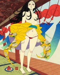Rule 34 | 1girl, absurdres, architecture, barefoot, black hair, breasts, commentary, east asian architecture, english commentary, food, fruit, hair censor, highres, indoors, japanese clothes, kimono, long hair, navel, orange kimono, original, pants, print kimono, red pants, sei5osuzuki, solo, standing, summer, tatami, watermelon, watermelon slice, wind