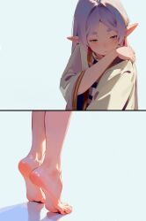 1girl barefoot blue_background blush capelet closed_mouth commentary commission earrings elf english_commentary feet feet_only foot_focus frieren gold_trim green_eyes hair_intakes hand_on_own_shoulder hand_up highres jewelry long_hair looking_at_viewer parted_bangs pointy_ears purple_hair randomscribblas reflective_floor shadow short_eyebrows sidelocks simple_background soles solo sousou_no_frieren thick_eyebrows tiptoes toenails toes upper_body white_capelet wide_sleeves