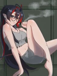 1girl absurdres alternate_costume barefoot black_hair black_horns blush breasts camisole closed_mouth commentary_request crop_top demon_girl demon_horns demon_tail dolphin_shorts earrings electronic_cigarette expressionless foot_out_of_frame glasses green_background grey-framed_eyewear grey_camisole grey_shorts highres holding_electronic_cigarette horns jewelry long_hair looking_at_viewer medium_breasts midriff multicolored_hair nanashi_inc. navel pointy_ears red_hair ryugasaki_rene shorts solo sweat tail two-tone_hair very_long_hair virtual_youtuber you_mou