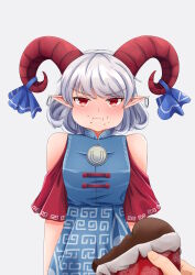 1girl 1other :i absurdres blush chewing chocolate earrings food food_on_face goat_horns hatoman_(ytef4434) highres horns jewelry non-web_source pov red_eyes simple_background touhou toutetsu_yuuma v-shaped_eyebrows white_background white_hair