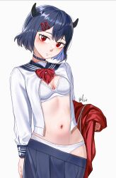 1girl 2024 absurdres artist_name black_clover black_hair black_horns blush bob_cut bow bra breasts choker closed_mouth female_focus hair_ornament hairclip highres horns lace lace-trimmed_bra lace_trim looking_at_viewer navel open_clothes open_shirt panties petite pleated_skirt red_eyes red_ribbon ribbon sailor_collar school school_uniform secre_swallowtail serafuku shirt short_hair shy signature size_difference skirt skirt_down small_breasts solo sweat sweatdrop underwear undressing unzipped waligner white_background white_bra white_panties white_shirt