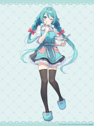 Rule 34 | 1girl, ;q, ahoge, aqua apron, aqua background, aqua hair, aqua nails, artist name, black skirt, black thighhighs, blue slippers, bowl, braid, commentary request, copyright notice, detached sleeves, fingernails, full body, hair between eyes, hair ornament, hatsune miku, heart, heart ahoge, highres, holding, holding bowl, logo, official art, one eye closed, second-party source, shirt, skirt, sleeveless, sleeveless shirt, slippers, solo, thighhighs, tongue, tongue out, twintails, vocaloid, whisk, white shirt, white sleeves, zattape