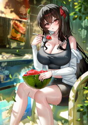 1girl :o absurdres alternate_costume azur_lane black_hair black_shorts black_sports_bra breasts cleavage crossed_bangs feet_out_of_frame food fruit hair_between_eyes highres jacket large_breasts long_hair long_sleeves looking_at_viewer open_mouth red_eyes red_ribbon ribbon short_shorts shorts single_bare_shoulder sitting solo spoon sports_bra sweat taihou_(azur_lane) tansuan_(ensj3875) thighs watermelon white_jacket