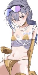 1girl absurdres bikini bikini_under_clothes blush breasts commentary crossed_bangs drill_hair elbow_gloves eyewear_on_head gloves gold_bikini gold_choker gold_gloves gold_thighhighs grey_eyes grey_hair hair_ornament hairclip highres honkai:_star_rail honkai_(series) long_hair looking_at_viewer navel nemu_(jdgz3357) ponytail ribs see-through_clothes see-through_shirt shirt silver_wolf_(honkai:_star_rail) small_breasts solo stomach swimsuit tied_shirt undressing white_shirt