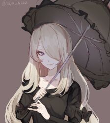 Rule 34 | 1girl, black dress, blonde hair, breasts, closed mouth, collarbone, cynthia (pokemon), dress, grey eyes, hair over one eye, highres, holding, long hair, long sleeves, looking at viewer, nintendo, parasol, pokemon, pokemon dppt, simple background, siyu mizu, smile, solo, umbrella, upper body, very long hair