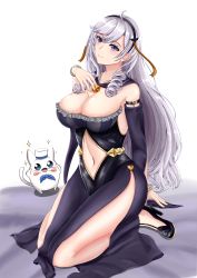 1girl absurdres ahoge algerie_(azur_lane) azur_lane bare_shoulders black_dress black_footwear black_hairband black_sleeves blush blush_stickers bracelet breasts cat cleavage clothing_cutout collarbone commentary detached_sleeves dress drill_hair drill_sidelocks english_commentary full_body hair_between_eyes hairband halloween_costume hand_on_own_chest high_heels highres jack-o&#039;-lantern jewelry large_breasts long_dress long_hair looking_at_viewer meowfficer_(azur_lane) mole mole_on_breast mole_under_eye musanix nail_polish navel navel_cutout necklace purple_eyes shadow side_slit sidelocks silver_hair simple_background sitting smile solo_focus sparkle wariza white_background wide-eyed