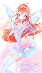 1girl ahoge bad_id bad_twitter_id bare_shoulders beads bloom_(winx_club) blue_bow blue_bowtie blue_eyeliner blue_eyes blue_wings bow bowtie braid chest_jewel chocofish collarbone commentary dress english_commentary expressionless eyelashes eyeliner eyeshadow fairy fairy_wings feet_out_of_frame frilled_dress frilled_wrist_cuffs frills gem gold_tiara gradient_background hair_beads hair_between_eyes hair_ornament instagram_username lace lace-trimmed_thighhighs lace_trim light_particles lipstick long_hair looking_at_viewer magical_girl makeup off-shoulder_dress off_shoulder official_alternate_costume orange_hair outline parted_lips pink_background pink_eyeshadow pink_gemstone pink_lips short_dress short_sleeves side_braids solo thighhighs transparent_wings twin_braids twitter_username watermark wavy_hair white_background white_outline white_thighhighs white_wrist_cuffs wings winx_club wrist_cuffs