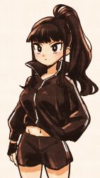 Rule 34 | 1girl, black eyes, black hair, blunt bangs, breasts, chaco (eisu), eisu (eith), highres, jacket, long hair, medium breasts, midriff, midriff peek, navel, original, ponytail, sepia, short hair, shorts, sidelocks, simple background, track jacket, white background