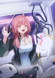 1girl absurdres against_glass aru_(blue_archive) bare_shoulders black_jacket blue_archive blush breasts chain chain_necklace cleavage collarbone commentary crane_game dress furrowed_brow glass halo hand_on_glass highres horns jacket jewelry jw_(wrdawrda) large_breasts long_hair looking_ahead necklace open_mouth peroro_(blue_archive) pink_hair pink_halo solo spaghetti_strap stuffed_animal stuffed_toy sweatdrop symbol-only_commentary very_long_hair white_dress yellow_eyes