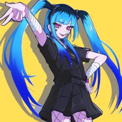 1girl alternate_costume amemiya_darumi bandaged_wrist bandages belt black_belt black_bow black_hair black_jacket black_skirt blue_hair bow ear_piercing face_piercing fishnets hand_on_own_hip heart jacket kuro_zumi lip_piercing looking_at_viewer multicolored_hair piercing pink_eyes pleated_skirt shadow skirt solo the_hundred_line_-last_defense_academy- twintails yellow_background