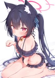 1girl absurdres animal_ear_fluff animal_ears bikini bikini_skirt black_bikini blue_archive blush breasts cat_ears cat_girl cat_tail cleavage closed_mouth e-note extra_ears frilled_bikini frills halo highres long_hair looking_at_viewer medium_breasts off-shoulder_bikini off_shoulder official_alternate_costume paw_pose pink_halo red_halo serika_(blue_archive) serika_(swimsuit)_(blue_archive) sitting solo swimsuit tail twintails wariza white_background