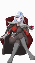 1girl armor black_bodysuit blue_hair bodysuit boots closed_mouth crossed_legs cup female_focus grey_boots hair_between_eyes highres holding holding_cup holding_glass holding_wine_glass looking_at_viewer multicolored_eyes multicolored_hair purple_eyes red_bodysuit red_eyes shoulder_armor sitting smile solo solo_focus the_hundred_line_-last_defense_academy- v&#039;ehxness white_hair
