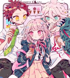 1girl 2boys ahoge aqua_eyes backpack bad_id bad_twitter_id bag bare_arms belt black_pants blue_jacket blunt_bangs border brown_belt brown_hair brown_skirt buttons chain_belt chewing closed_mouth collarbone collared_shirt commentary_request cowboy_shot danganronpa_(series) danganronpa_2:_goodbye_despair denim dot_nose dress_shirt eating eyelashes fingernails floating_clothes food green_jacket green_necktie hair_between_eyes hair_ornament hairclip height_difference high-waist_skirt highres hinata_hajime holding holding_food holding_ice_cream holding_ice_cream_cone hood hood_down hooded_jacket ice_cream ice_cream_cone jacket jeans komaeda_nagito light_blush long_hair looking_at_another messy_hair miniskirt monokuma multiple_boys nanami_chiaki necktie notice_lines open_clothes open_jacket open_mouth osshouri55 outside_border pants pink_background pink_bag pink_eyes pink_hair pleated_skirt shared_speech_bubble shirt short_hair short_sleeves skirt smile spaceship_hair_ornament speech_bubble spiked_hair spoken_arrow standing sweater_jacket t-shirt thought_bubble white_border white_hair white_shirt yellow_eyes zipper