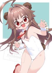 Rule 34 | 1girl, :d, ahoge, alternate costume, animal ears, aqua background, artist name, bare arms, bare shoulders, bear ears, bear tail, bespectacled, blush, brown hair, claw pose, collar, commentary request, copyright notice, cropped shirt, detached collar, dot nose, earrings, english text, fake animal ears, fake tail, fang, fingerless gloves, flat chest, glasses, gloves, green nails, hair intakes, hands up, heart lock (kantai collection), huge ahoge, jewelry, kantai collection, kuma (kancolle), leotard, long hair, nail polish, nassukun, necktie, open mouth, red-framed eyewear, red eyes, red necktie, red shoes, round eyewear, shoes, simple background, single earring, smile, solo, standing, standing on one leg, straight hair, strapless, strapless leotard, tail, twitter username, two-tone background, v-shaped eyebrows, watermark, white background, white collar, white leotard, white wrist cuffs, wrist cuffs