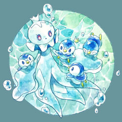 air_bubble beak blue_eyes blue_fur bubble creatures_(company) crown game_freak gen_4_pokemon gen_5_pokemon highres jellicent jellicent_(female) nintendo non_(kumakawayusu) painting_(medium) pink_eyes piplup pokemon pokemon_(creature) signature traditional_media two-tone_fur watercolor_(medium) white_fur