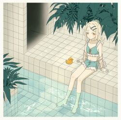 1girl alternate_costume barefoot bikini bikini_shorts blonde_hair blue_bikini blush border breasts doorway expressionless frilled_bikini frills full_body gakuen_idolmaster hair_ornament hair_scrunchie hairclip idolmaster indoors jacket jacket_partially_removed long_hair looking_at_viewer orange_eyes plant ponytail pool poolside rubber_duck scrunchie see-through_clothes see-through_jacket shinosawa_hiro shorts sitting small_breasts soaking_feet solo strenjaa swept_bangs swimsuit tile_wall tiles white_border